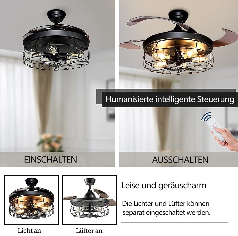 Depuley LED Deckenventilator mit Beleuchtung und Fernbedienung, Deckenleuchte Industrial mit Timer, Dimmbar 3 Farbwechsel, Einstellbar 3 Geschwindigkeiten, Leiser für Wohnzimmer (Ohne Glühbirne)