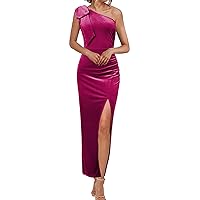 MEROKEETY Women's One Shoulder Velvet Maxi Dress Sleeveless Ruched Bodycon Slit Formal Wedding Guest Dresses