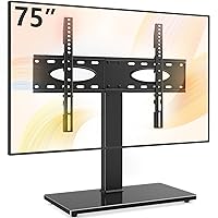 Rfiver Universal Swivel Table Top TV Stand for 37 to 65,70,75 inch TVs, Height Adjustable Tall TV Stand Base with Mount, Heavy Duty TV Replacement Stand with Tempered Glass Base Up to110lbs