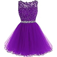 Women's Short Lace Tulle Prom Dress Teens A Line Beaded Belt Formal Party School Dance Homecoming Dresses