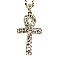 Flower Ankh Cross Men Women 925 Italy Gold Finish Iced Silver Charm Ice Out Pendant Stainless Steel Real 3 mm Rope Chain, Mans Jewelry, Iced Pendant, Rope Necklace 16