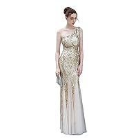 One Shoulder Sequin Prom Dresses Long Tulle Ball Gowns with Sparkly Formal Evening Party Gowns for Women