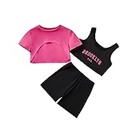 OYOANGLE Girl's 3 Piece Outfit Colorblock Letter Print Sleeveless Tank Top and Shorts Set with Crop Tee Tops