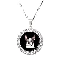 Cute Boston Terrier Dog Diamond Round Pendant Necklace For Women Girls Mothers Gifts