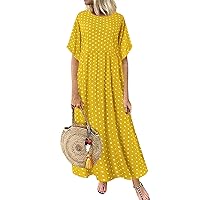 Polka Dot Maxi Dress for Women Plus Size Summer Casual Loose Beach Dress Short Sleeve Crew Neck Solid Long Dresses