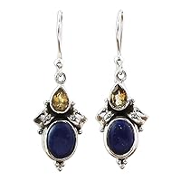 NOVICA Handmade .925 Sterling Silver Citrine Lapis Lazuli Dangle Earrings from India Blue Yellow Birthstone [1.6 in L x 0.6 in W x 0.2 in D] 'Indian Fog'
