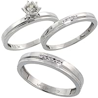 Silver City Jewelry 10k White Gold Diamond Trio Wedding Ring Set 3-Piece His & Hers 4 & 3mm, Men's Size 8 to 14