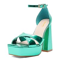 XYD Women Fashion Block Thick Heel Platform Sandals Crossover Strap Open Square Toe Ankle Strappy Pumps Evening Event Party Shoes
