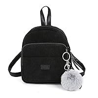 Sunwel Fashion Cute Mini Backpack 3 Way Carry Light-weight Corduroy Casual Daypack Detachable Keyring Fur Pom Pom Ball for Women (black)