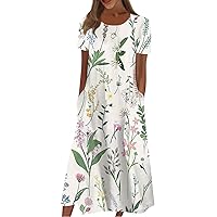Summer Dresses 2024 Women Floral Pleated Midi Dress Short Sleeve Crew Neck Loose Fit Sundress Casual Tunic Dress