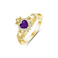 MRENITE 10K 14K 18K Gold Claddagh Rings with Gemstone for Women Irish Claddagh Heart Promise Ring for Her, birthstone Rings for Women