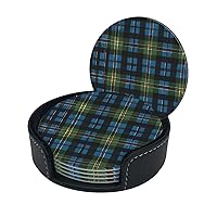 Blue and Green Scottish Tartan Print Coaster,Round Leather Coasters with Storage Box for Wine Mugs,Cold Drinks and Cups Tabletop Protection (6 Piece)