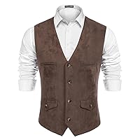 PJ PAUL JONES Men's Suede Leather Vest Vintage Cowboy Style Suit Vest Waistcoat with Chest Pockets