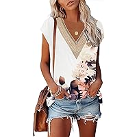 Cap Sleeve Summer Tops for Women Trendy Floral Print Casual V Neck T Shirts Petal Sleeve Blouses