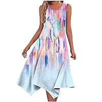 Women Irregular Hem A-Line Sundress Funny Feather Print Summer Sleeveless Midi Dresses Casual Scoop Neck Beach Dress
