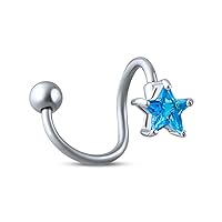 Celestial American USA Patriotic Aqua Blue Star Cubic Zirconia CZ Twist Bar Navel Belly Ring Body Jewelry For Teens Women 316L Stainless Steel