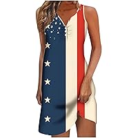 2024 Casual Beach Dress Women Sleeveless Henley Shirt Dresses July 4th American Flag Print Patriotic Mini Sundress