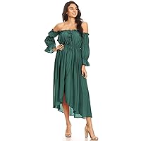 Anna-Kaci Womens Casual Boho Long Sleeve Off Shoulder Renaissance Peasant Dress, Green, X-Large