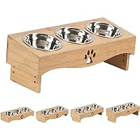 Elevated Cat Food Bowls,Raised Tilted Cat Bowl Stand Set with 3 Bowls, cat Feeding Station with Wooden Stand for Multiple Cats and Small Dog (Bamboo Wood Color)