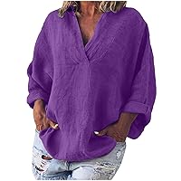 Women's 2024 Fall Fashion Blouse Tops Casual Long Sleeve V Neck Cotton Linen Shirts Oversized Baggy Tunic Tshirt