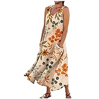 Tropical Dresses for Women, Summer Casual Fashion Printed Sleeveless Round Neck Floral Long Party Dress Outfits Casual (5XL, Ginger)