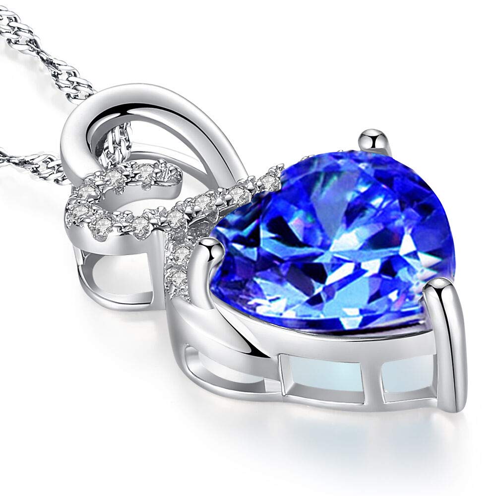 The Diamond Deal Lab-Created Blue Sapphire Gemstone September Birthstone Heart and Diamond Accent Necklace Pendant Charm in 10k Solid White Gold or 925 Sterling Sliver with 18” Chain