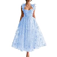 Tulle 3D Butterflies Prom Dresses for Women Tea Length Spaghetti Straps Formal Evening Party Gowns with Slit