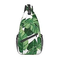 Cute Green Palm Leaves Sling Backpack, Multipurpose Travel Hiking Daypack Rope Crossbody Shoulder Bag