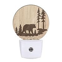 Bear Night Lights Plug into Wall Wildlife Cute Brown Bear Trees Woods Silhouette Night Light Dusk to Dawn Sensor LED Lamp for Bedroom Bathroom Living Room