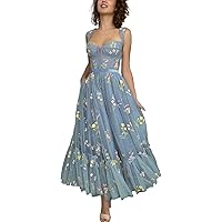 Women's Flower Embroidery Tulle Prom Dresses Corset Long Spaghetti Strap Fairy Ruched Formal Evening Party Gown