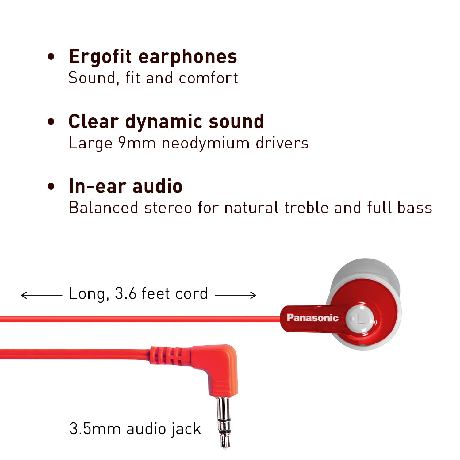 Panasonic ErgoFit Wired Earbuds, In-Ear Headphones with Dynamic Crystal-Clear Sound and Ergonomic Custom-Fit Earpieces (S/M/L), 3.5mm Jack for Phones and Laptops, No Mic - RP-HJE120-R (Red)