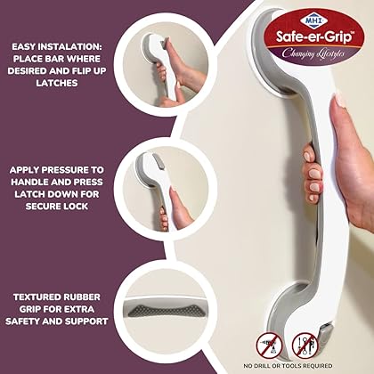Safe-er-Grip Changing Lifestyles Suction Cup Grab Bars For Bathtubs & Showers; Safety Bathroom Assist Handle, White & Grey, 16 Inches