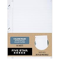 Five Star Loose Leaf Paper Plus Study App, Notebook Paper, College Ruled Filler Paper, Reinforced, Recycled, 8.5 x 11, 80 Sheets (170023),White