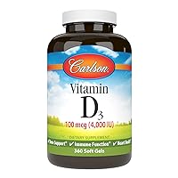 Carlson - Vitamin D3 4000 IU (100 mcg), Bone Health, Muscle Health, Cholecalciferol, Vitamin D Supplements, Vitamin D3 Soft Gels, 360 Softgels