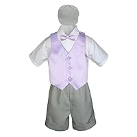 5pc Baby Toddler Boys Lilac Vest Bow Tie Silver Shorts Suits Cap S-4T (M:(6-12 Months))