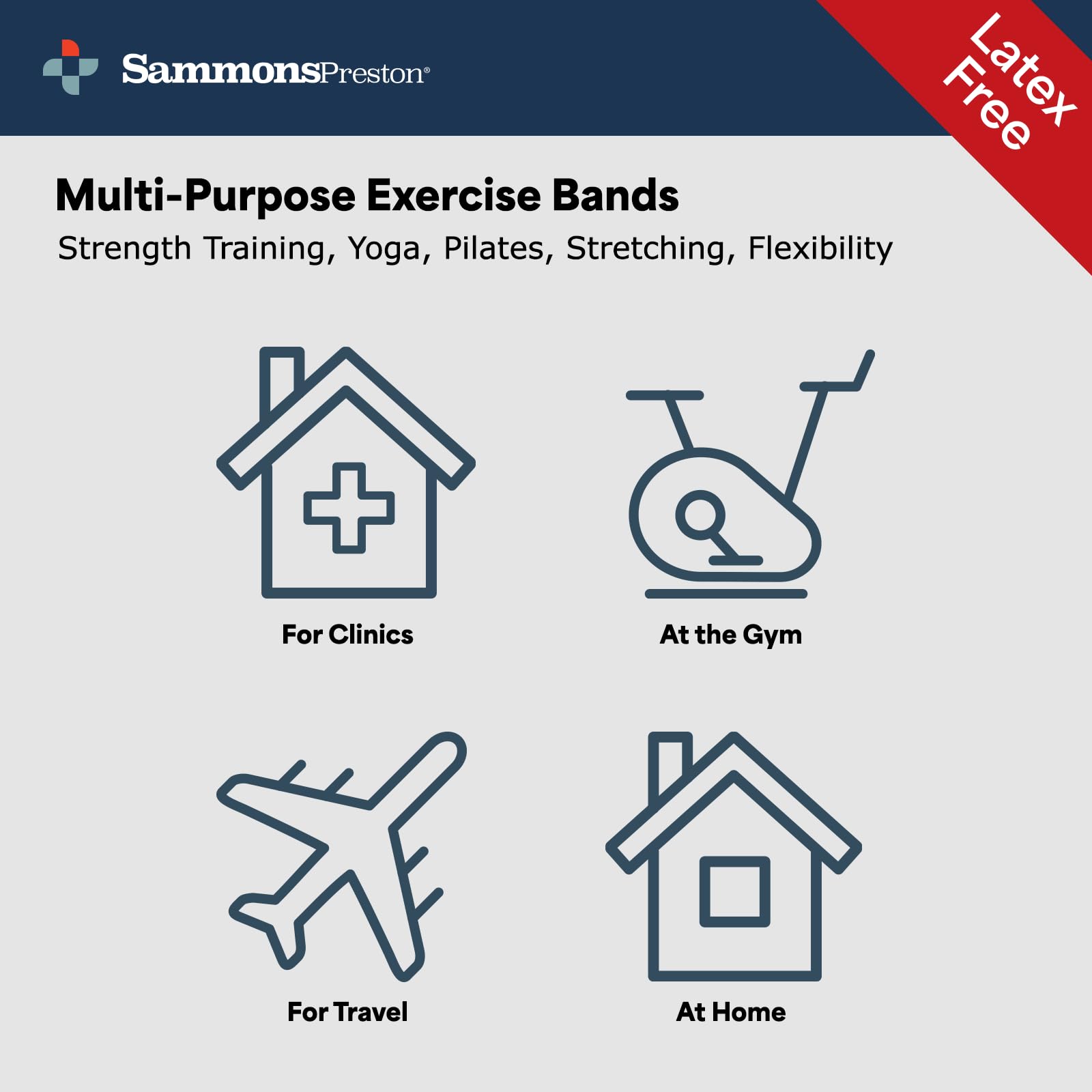 Sammons Preston Non-Latex Exercise Band, 5 Pack, Improve Strength, Dexterity, and Flexibility, Stretch & Tone All Major Muscle Groups, Set of 5 Includes All Five Increasing Resistance Levels