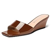 WAYDERNS Women's Patent Open Toe Dating Fashion Slip On Square Toe Wedge Low Heel Sandals 2 Inch