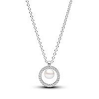 PANDORA Timeless 393165C01-45 Treated Freshwater Cultured Pearl and Pave Necklace Made of Sterling Silver with Zirconia Stones Size 45 cm, Sterling Silver, Cubic Zirconia