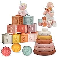 Baby Toys 6 to 12 Months,Montessori Toys for Infant,3 in 1 Soft Stacking Building Blocks Rings Balls Sets with Unicorn Toy,Toddlers Sensory Learning Teething Shower Gifts for 6 12 18 Months Boys Girls