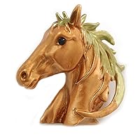 Bronze Gold/Green Enamel Horse Head Brooch/Pendant in Gold Tone Metal - 40mm Tall