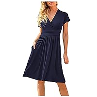Party Dress with Pockets for Women Summer Casual Short Sleeve V-Neck Knee-Length High Waist A-line Dress