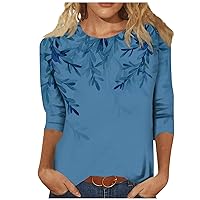 Womens Tops Trendy 3/4 Length Sleeve Holiday T Shirt Vintage Print Graphic Tees Ladies Tops and Blouses Dressy Outfits