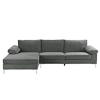 Modern Velvet Fabric Sectional Sofa, L-Shape Couch with Extra Wide Chaise Lounge