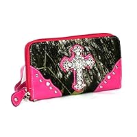 DH JP Camo Bling Rhinestone Cross Spiritual Womens Western Zipper Wristlet Wallet (Pink)