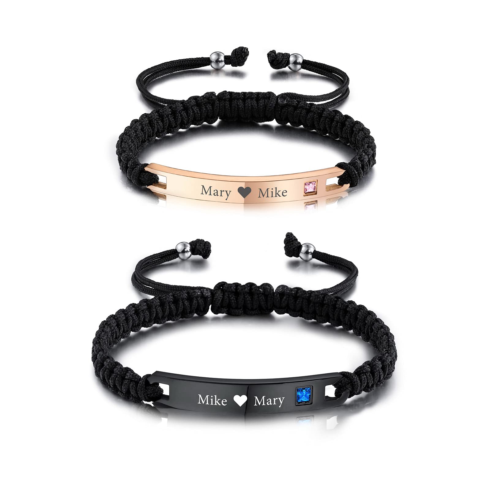INBLUE Customized Braided Rope Bracelets with Stainless Steel Engraved Plate Birthstones Handmade Adjustable Bracelets Gifts for Women Men Couples Friendship Families