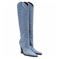 Women's Fashion Blue Cowboy Boots Women's High Heel Pointed Toe Slip-on Mid Calf Women's Boots
