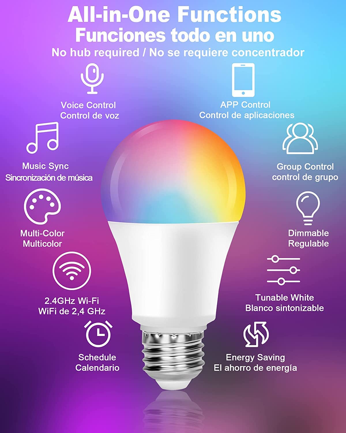 Smart Light Bulbs,Color Changing Light Bulbs That Work with Alexa and Google Assistant,2.4GHz WiFi & Bluetooth Music Sync Multicolor LED Bulbs,7W(60W Eqv.) E26 A19 for Smart Home Lighting-4PACK