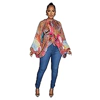 Women’s Sexy See Through Chiffon Sheer Lantern Sleeve Front Back Open High Neck Self Tie Shawl Casual Shirts Blouses Tops