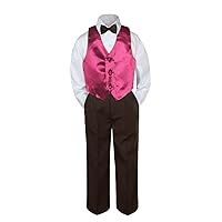 4pc Baby Toddler Kid Boys Burgundy Vest Brown Pants Bow Tie Suits Set (7)