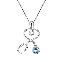 AOBOCO Stethoscope Necklace 925 Sterling Silver Embellished with 12 Months Birthstone Crystals from Austria, Graduation Gifts Medical Jewelry for Doctor Nurse Medical Student RN